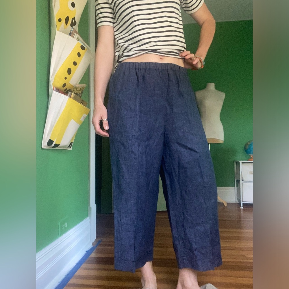 FLAX 100% linen Wide Leg Navy Crop Pants elastic waist elegant